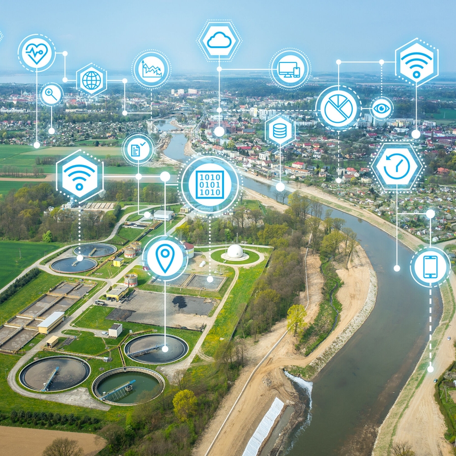 Picture of a Netilion Network Insights dashboard and an outdoor water pipeline