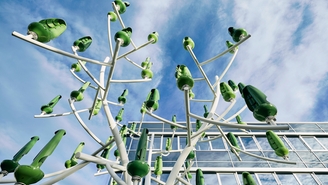 A wind tree with tiny turbines generates green energy.